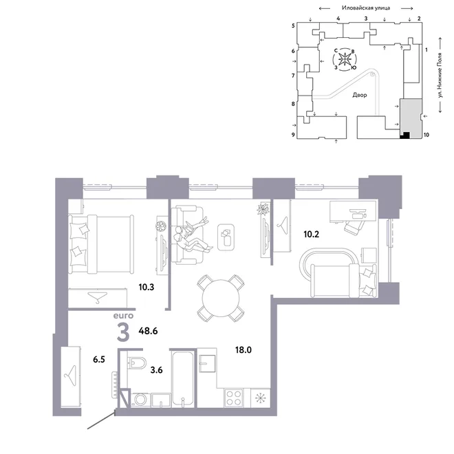 Планировка 3-комн. квартира, 48.6 м² ЖК «Страна.Заречная» Планировка 3-комн. квартира, 48.6 м² ЖК «Страна.Заречная»