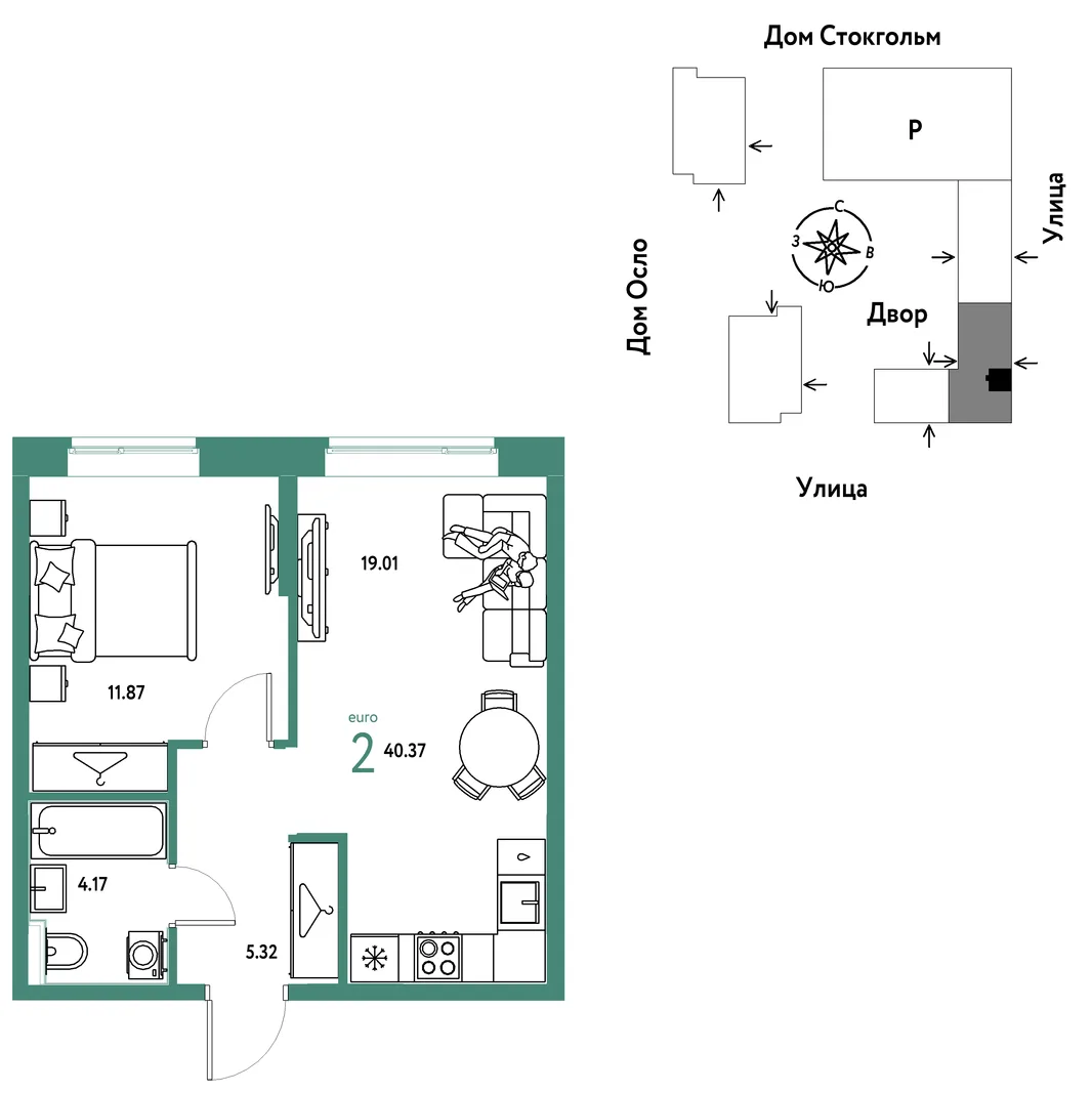 Планировка 2-комн. квартира, 40.37 м² ЖК «Европейский берег 2.0»