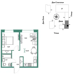 Планировка 2-комн. квартира, 40.37 м² ЖК «Европейский берег 2.0»