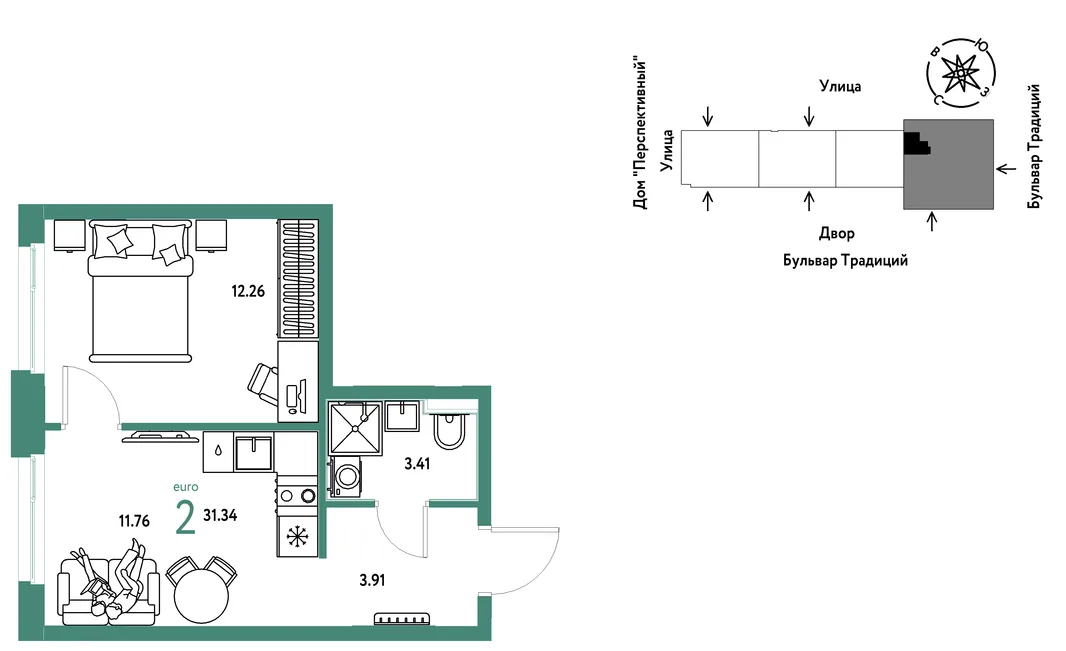 Планировка 2-комн. квартира, 31.34 м² ЖК «Микрорайон Домашний»
