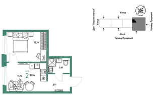 Планировка 2-комн. квартира, 31.34 м² ЖК «Микрорайон Домашний»
