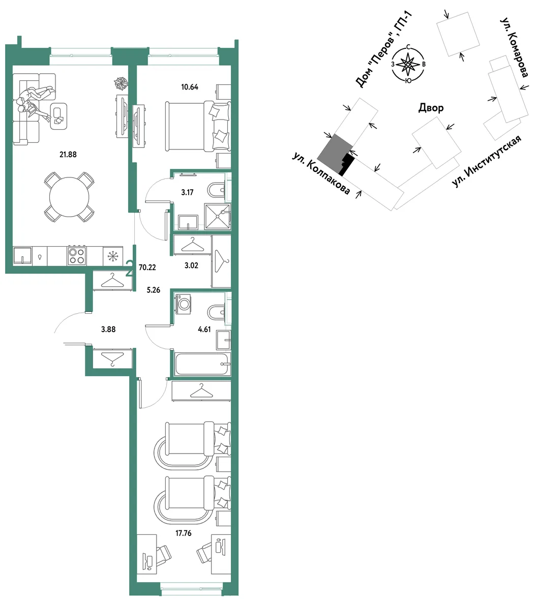 Планировка 2-комн. квартира, 70.22 м² ЖК «Страна.Парковая»