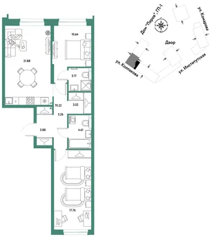 Планировка 2-комн. квартира, 70.22 м² ЖК «Страна.Парковая»