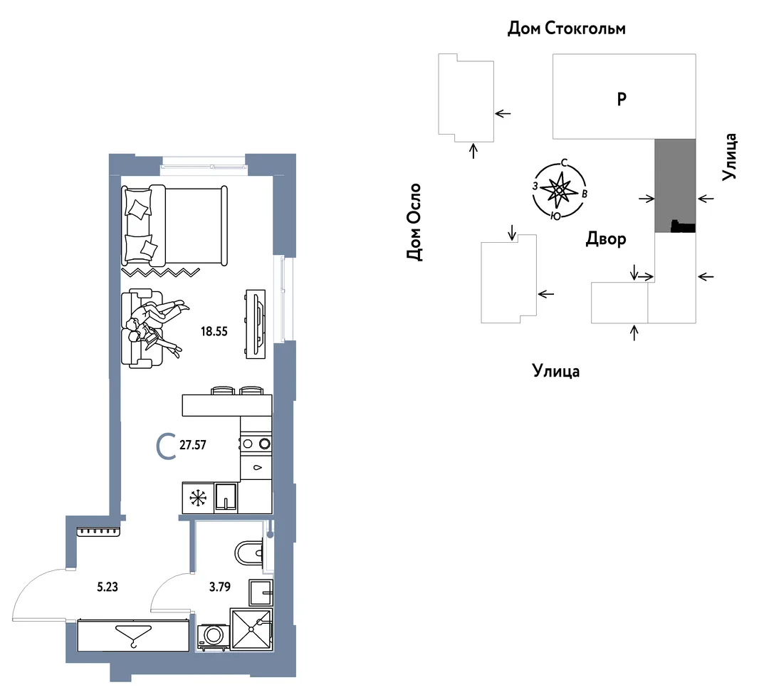 Планировка Студия, 27.57 м² ЖК «Европейский берег 2.0»