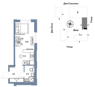 Планировка Студия, 27.57 м² ЖК «Европейский берег 2.0»