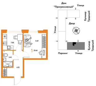 Планировка 1-комн. квартира, 29.4 м² ЖК «Микрорайон Домашний»