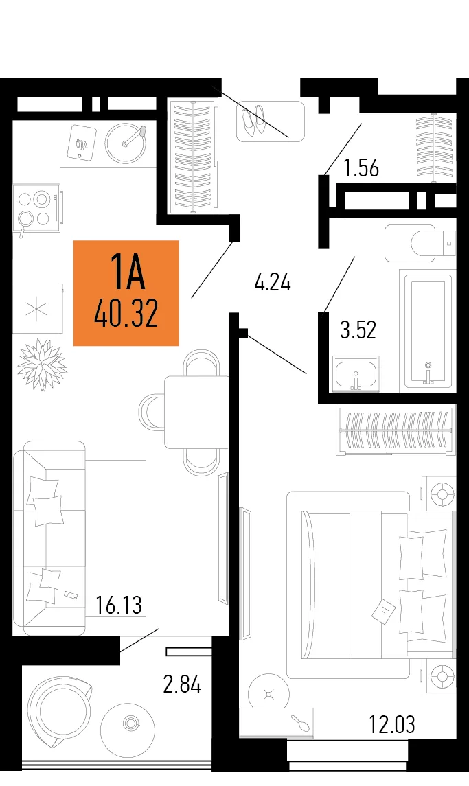 Планировка 1-комн. квартира, 40.32 м² ЖК «Столицыно»