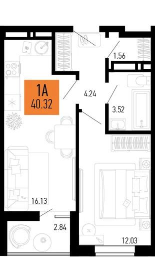 Планировка 1-комн. квартира, 40.32 м² ЖК «Столицыно»
