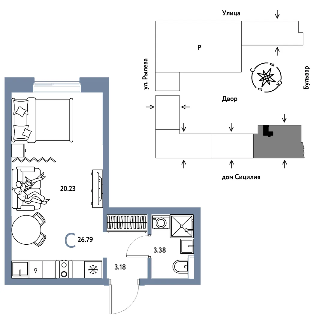 Планировка Студия, 26.79 м² ЖК «Остров-сад»