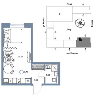 Планировка Студия, 26.79 м² ЖК «Остров-сад»
