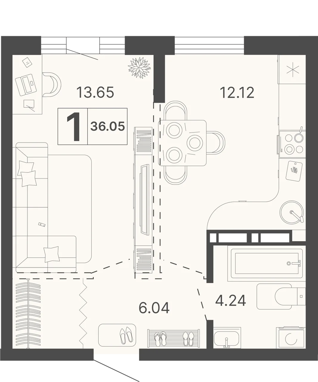 Планировка 1-комн. квартира, 36.05 м² ЖК «Светский лес»