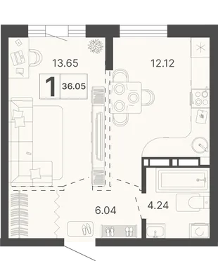 Планировка 1-комн. квартира, 36.05 м² ЖК «Светский лес»