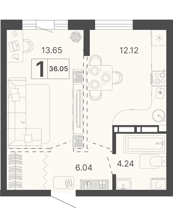 Планировка 1-комн. квартира, 36.05 м² ЖК «Светский лес»