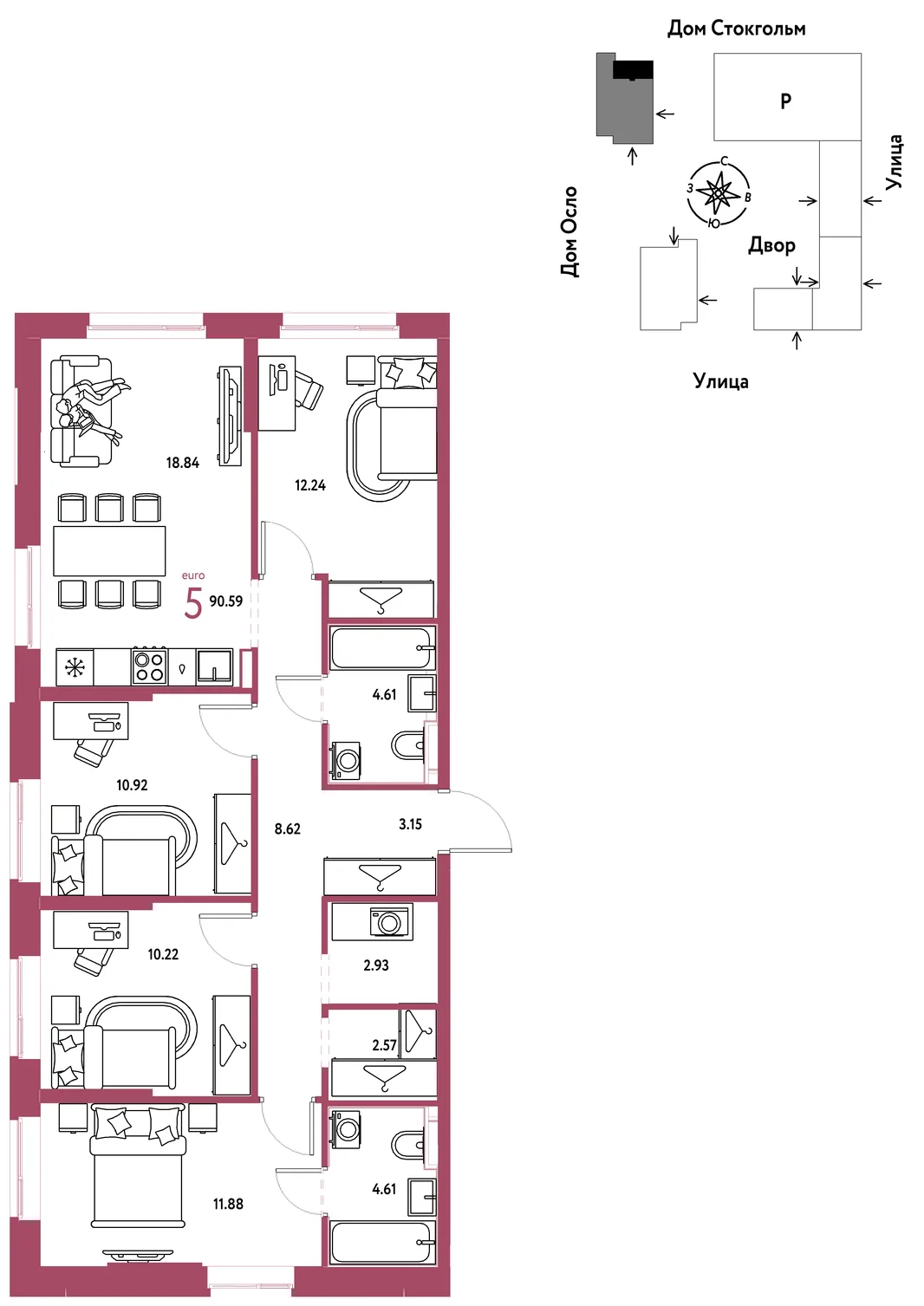 Планировка 5-комн. квартира, 90.59 м² ЖК «Европейский берег 2.0»