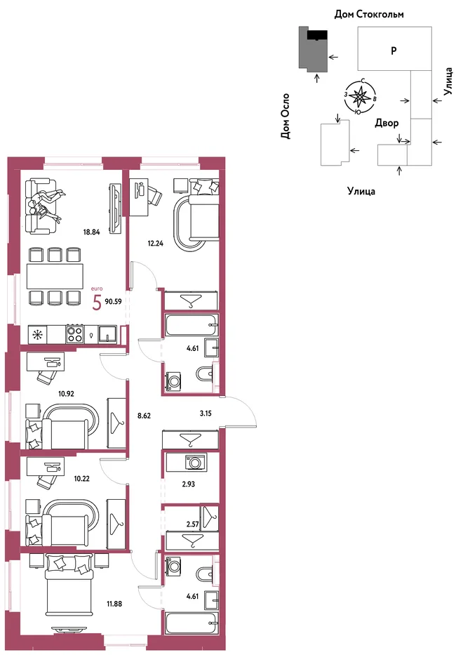 Планировка 5-комн. квартира, 90.59 м² ЖК «Европейский берег 2.0» Планировка 5-комн. квартира, 90.59 м² ЖК «Европейский берег 2.0»