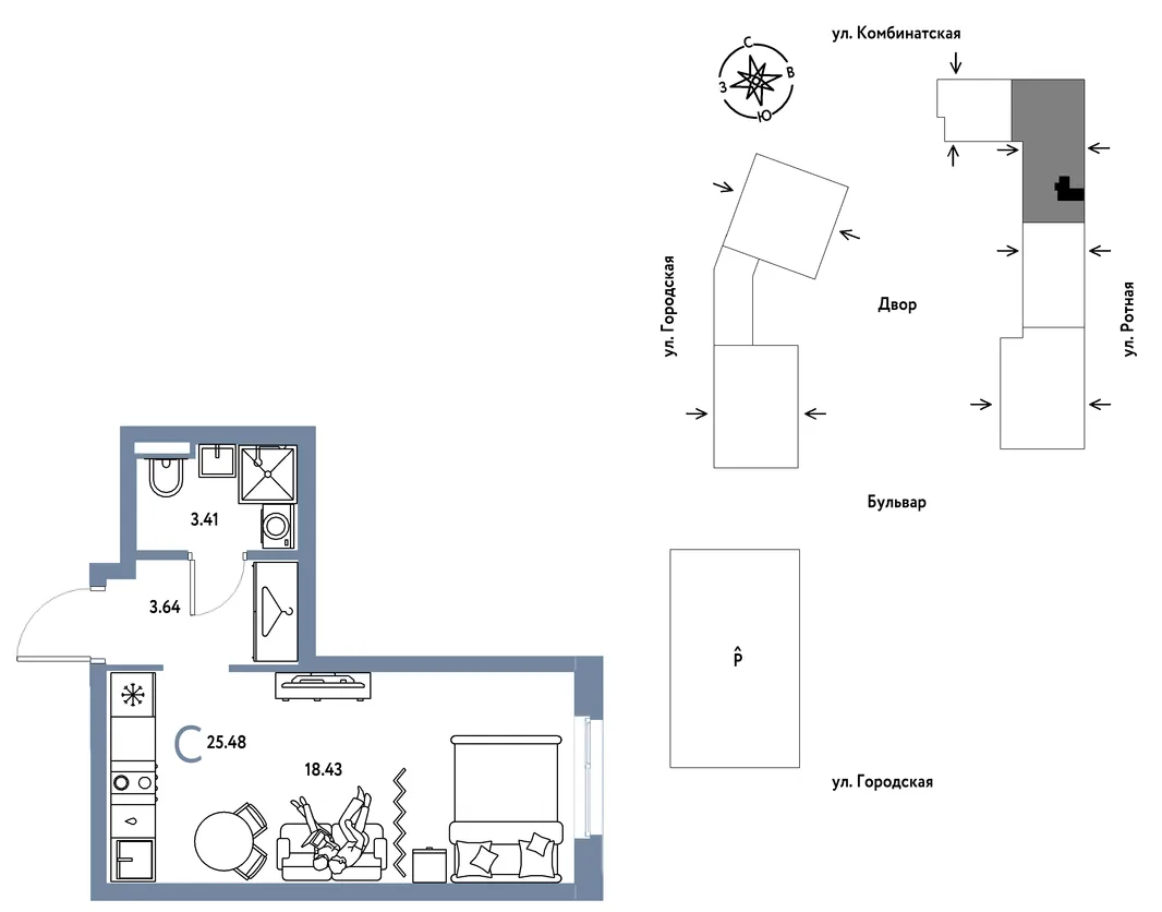 Планировка Студия, 25.48 м² ЖК «Уральский сад»