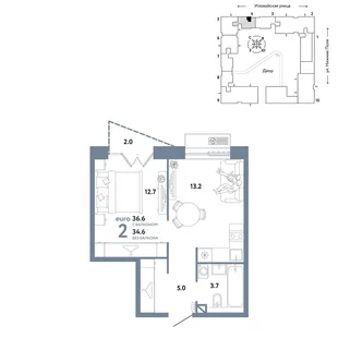 Планировка 2-комн. квартира, 36.6 м² ЖК «Страна.Заречная»