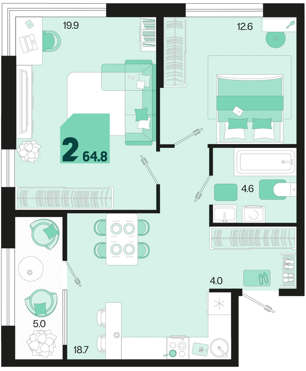 Планировка 2-комн. квартира, 64.8 м² ЖК «Первое место»