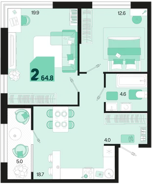 Планировка 2-комн. квартира, 64.8 м² ЖК «Первое место»