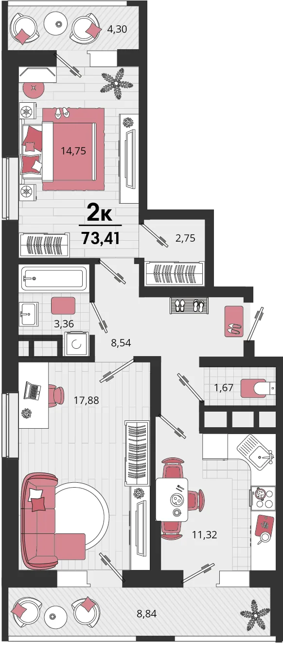 Планировка 2-комн. квартира, 73.41 м² ЖК «Родные просторы»