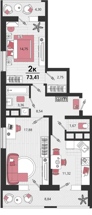 Планировка 2-комн. квартира, 73.41 м² ЖК «Родные просторы»