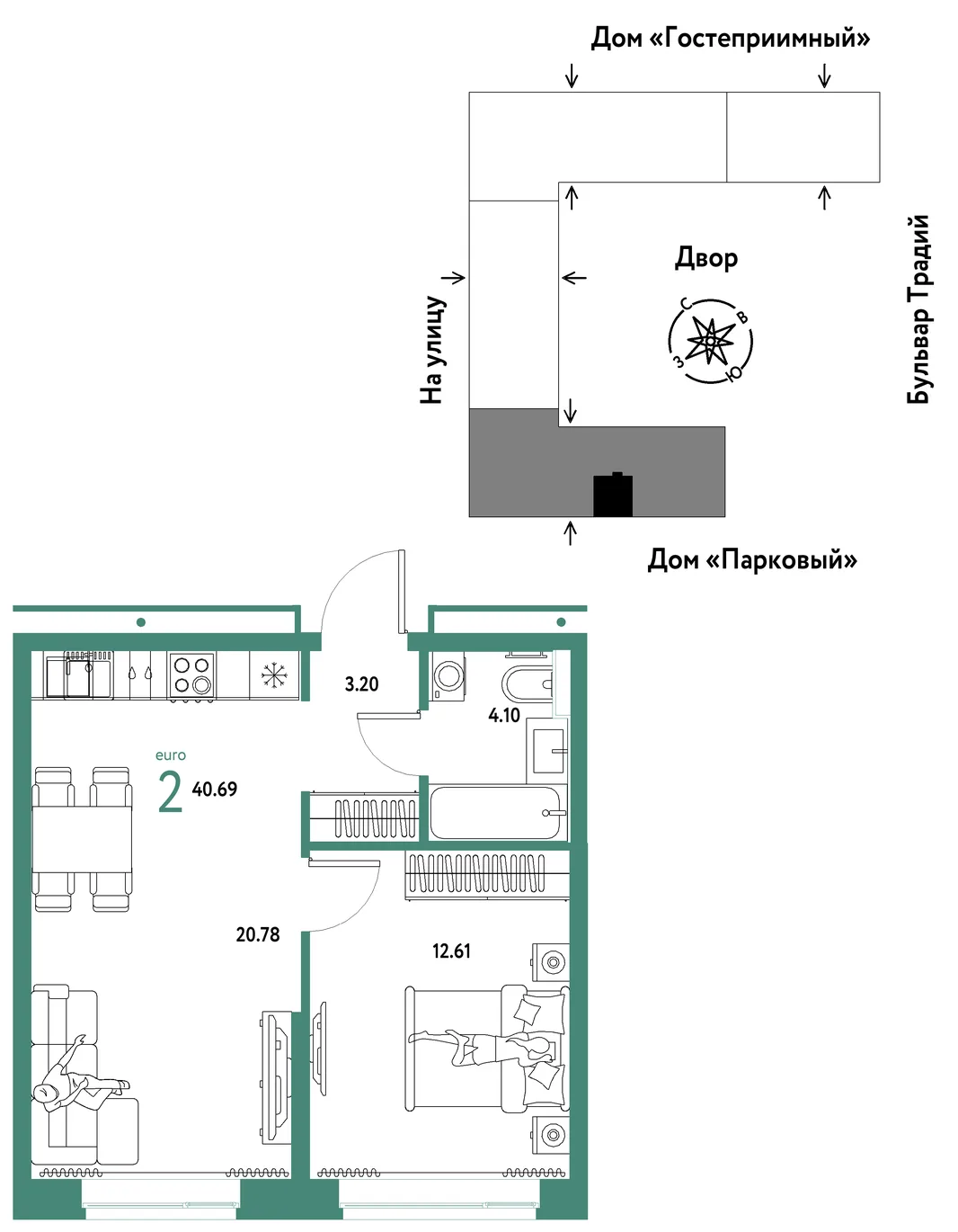 Планировка 2-комн. квартира, 40.69 м² ЖК «Микрорайон Домашний»