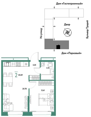 Планировка 2-комн. квартира, 40.69 м² ЖК «Микрорайон Домашний»
