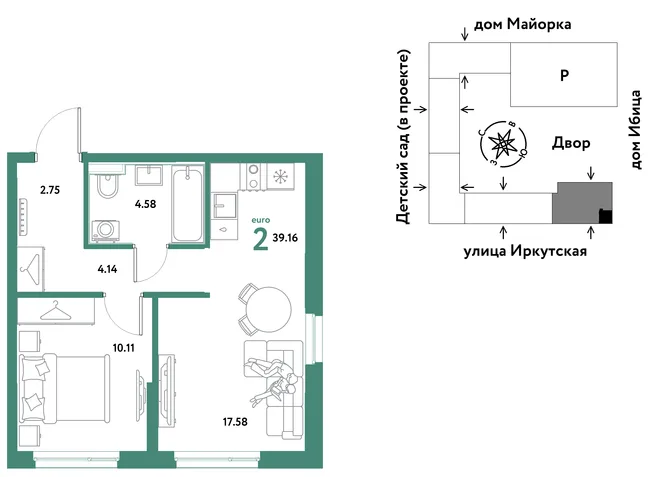 Планировка 2-комн. квартира, 39.16 м² ЖК «Остров-сад» Планировка 2-комн. квартира, 39.16 м² ЖК «Остров-сад»