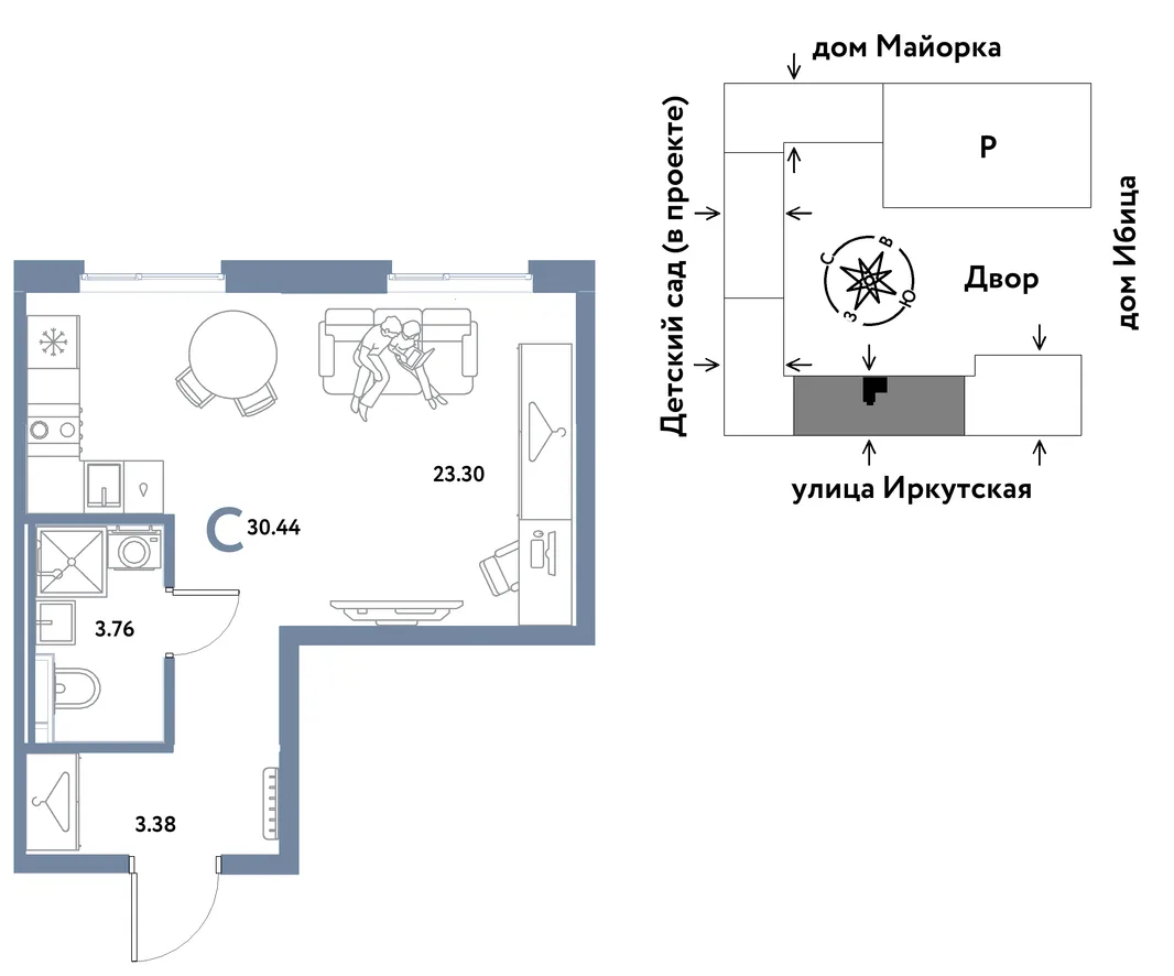Планировка Студия, 30.44 м² ЖК «Остров-сад»