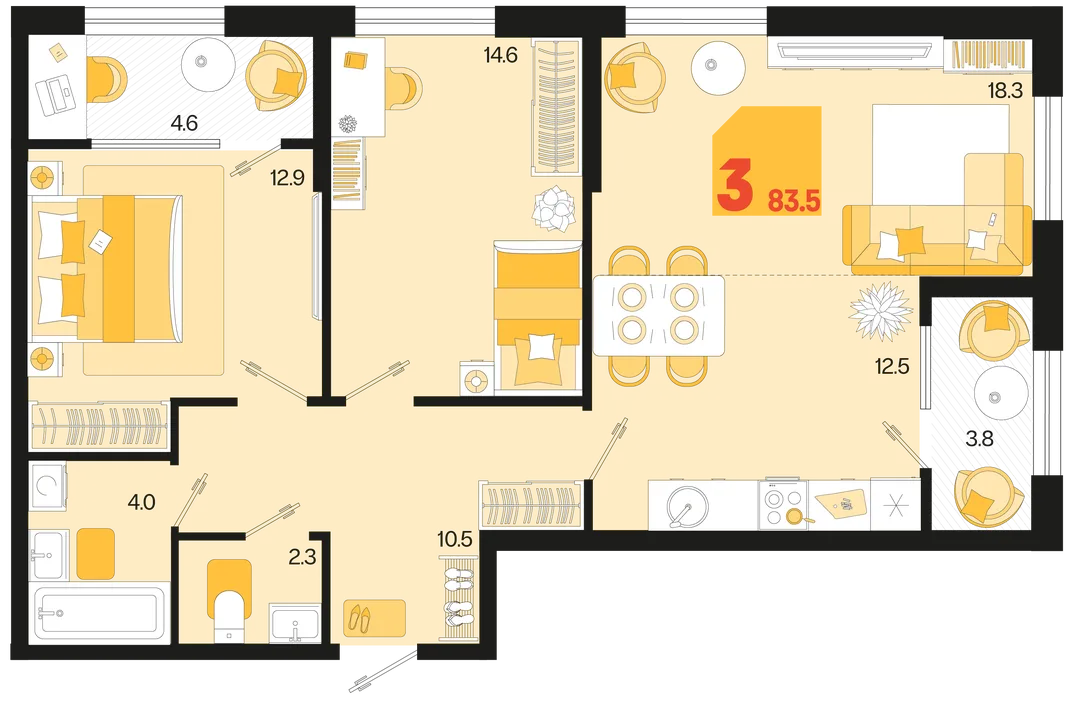 Планировка 3-комн. квартира, 83.5 м² ЖК «Первое место»