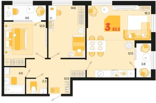 Планировка 3-комн. квартира, 83.5 м² ЖК «Первое место»