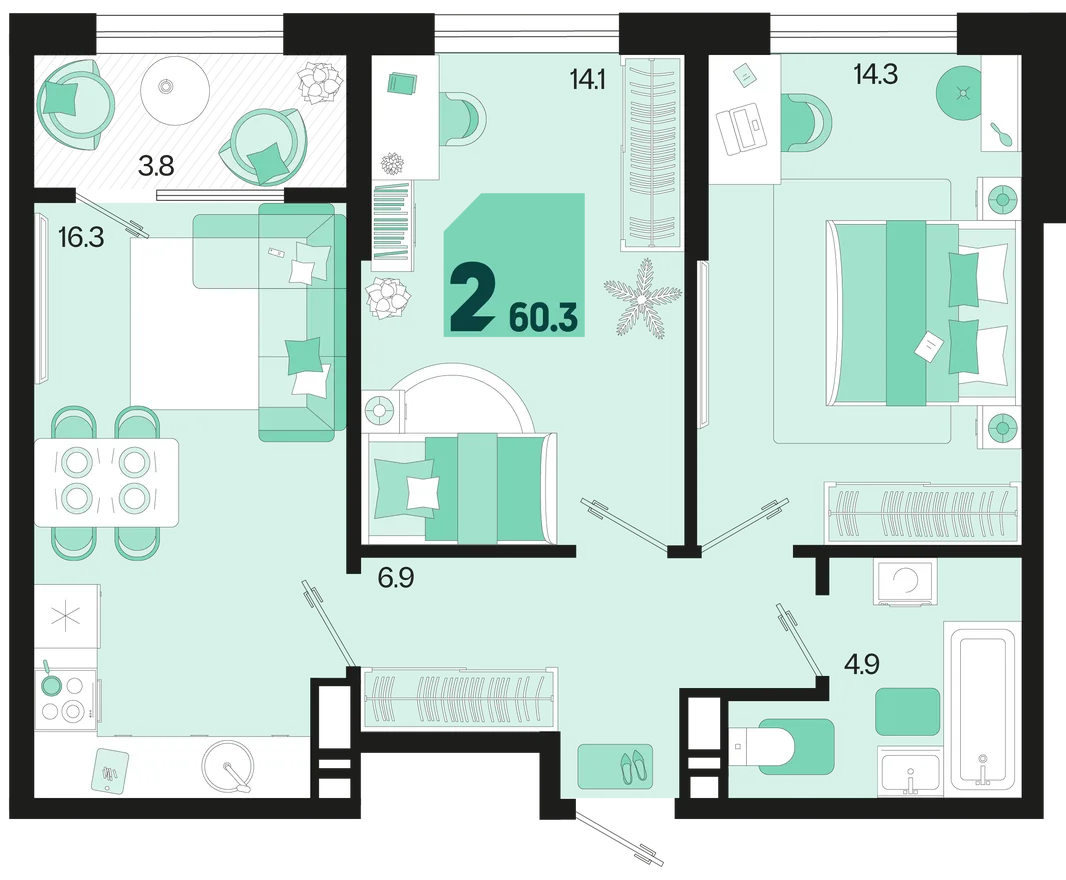 Планировка 2-комн. квартира, 60.3 м² ЖК «Первое место»