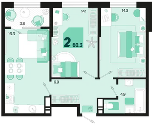 Планировка 2-комн. квартира, 60.3 м² ЖК «Первое место»