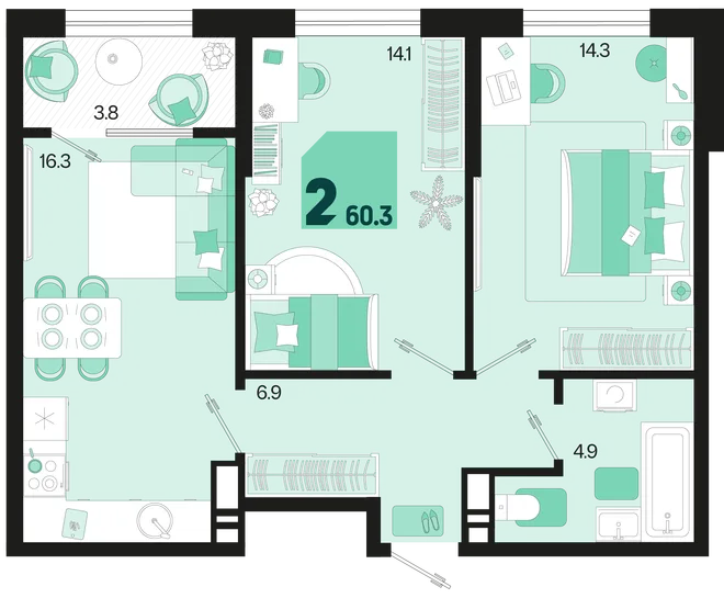 Планировка 2-комн. квартира, 60.3 м² ЖК «Первое место»