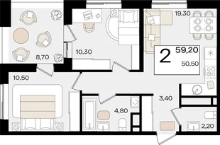 Планировка 2-комн. квартира, 59.2 м² ЖК «Патрики»