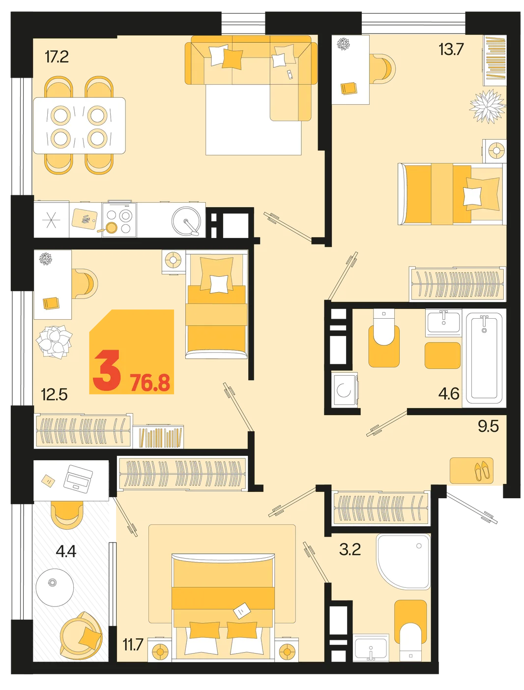 Планировка 3-комн. квартира, 76.8 м² ЖК «Первое место»