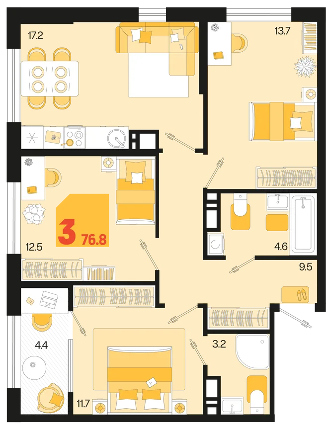 Планировка 3-комн. квартира, 76.8 м² ЖК «Первое место» Планировка 3-комн. квартира, 76.8 м² ЖК «Первое место»