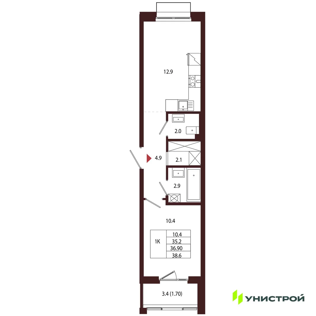 Планировка 1-комн. квартира, 36.9 м² ЖК «Лисино»