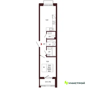 Планировка 1-комн. квартира, 36.9 м² ЖК «Лисино»