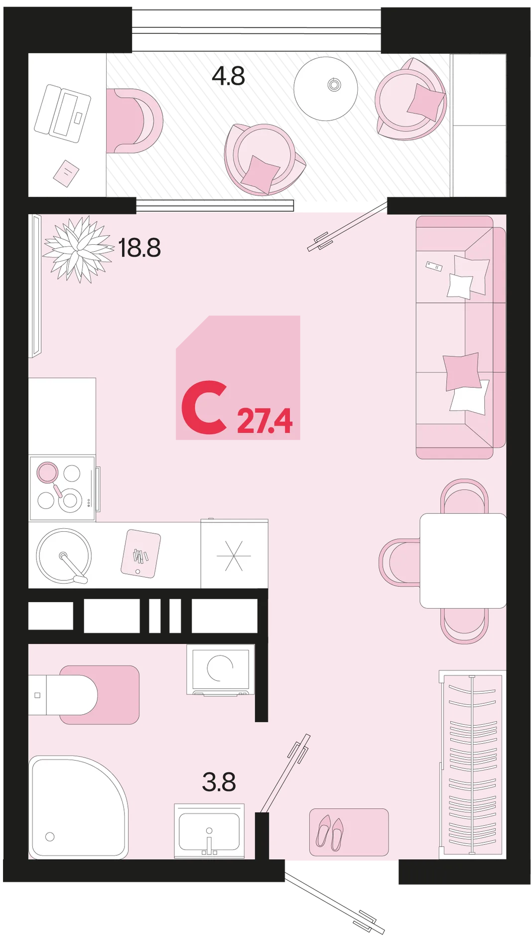 Планировка Студия, 27.4 м² ЖК «Первое место»