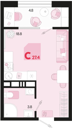 Планировка Студия, 27.4 м² ЖК «Первое место»