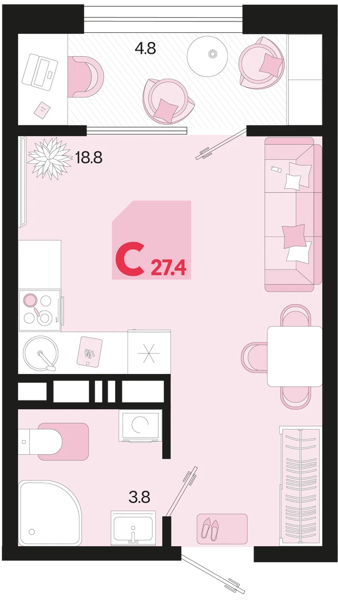 Планировка Студия, 27.4 м² ЖК «Первое место» Планировка Студия, 27.4 м² ЖК «Первое место»