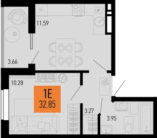 Планировка 1-комн. квартира, 32.85 м² ЖК «Столицыно»