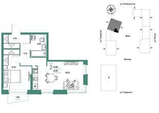 Планировка 2-комн. квартира, 45.8 м² ЖК «Уральский сад»