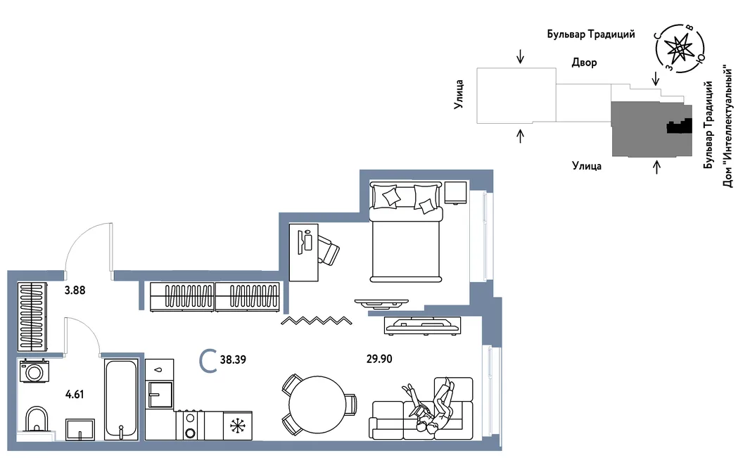 Планировка Студия, 38.39 м² ЖК «Микрорайон Домашний»