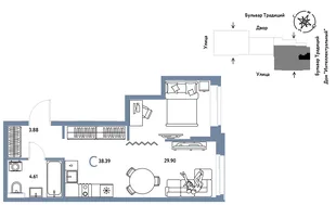 Планировка Студия, 38.39 м² ЖК «Микрорайон Домашний»