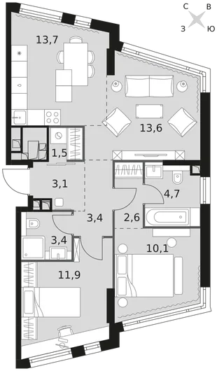 Квартира 3-комн. квартира, 68 м² ЖК «Rotterdam» Фото 1