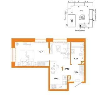 Планировка 1-комн. квартира, 37.52 м² ЖК «Юнион»