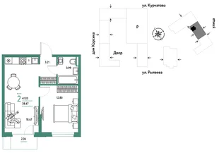 Планировка 2-комн. квартира, 41.21 м² ЖК «Остров-сад»