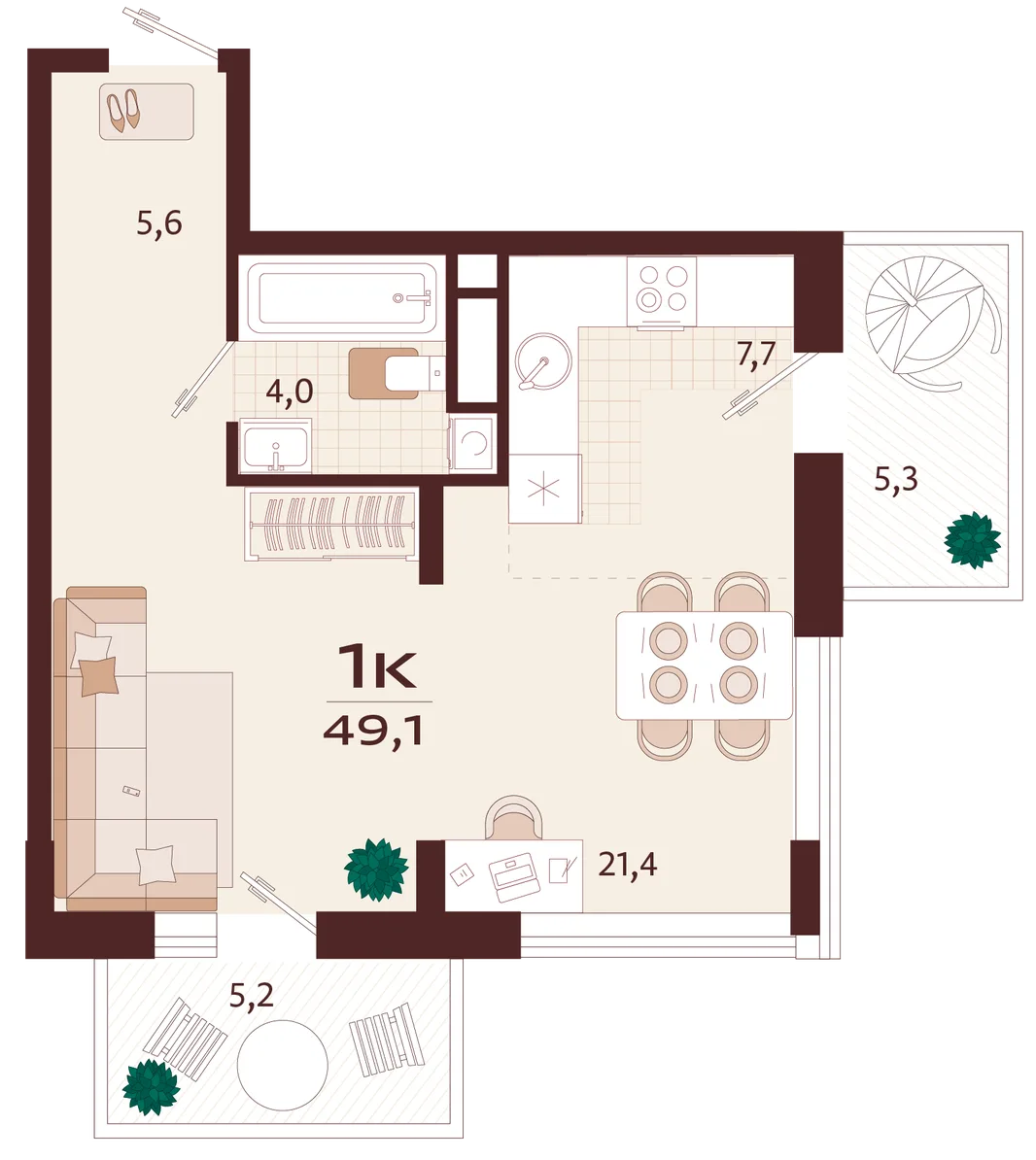 Планировка 1-комн. квартира, 49.1 м² ЖК «Роялта»